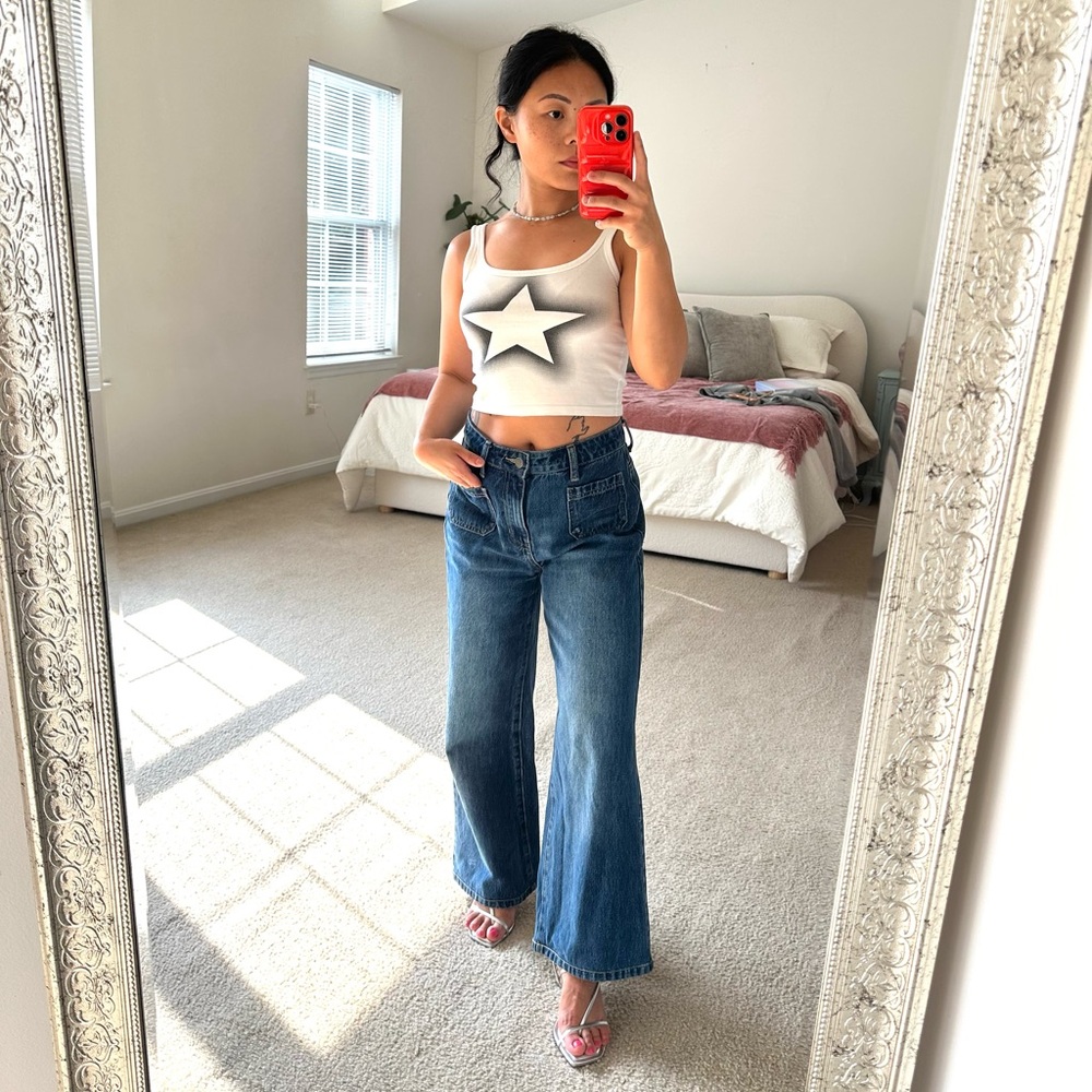 GUESS Urban Outfitters High Waisted Flare & Wide Leg Blue Denim Jeans